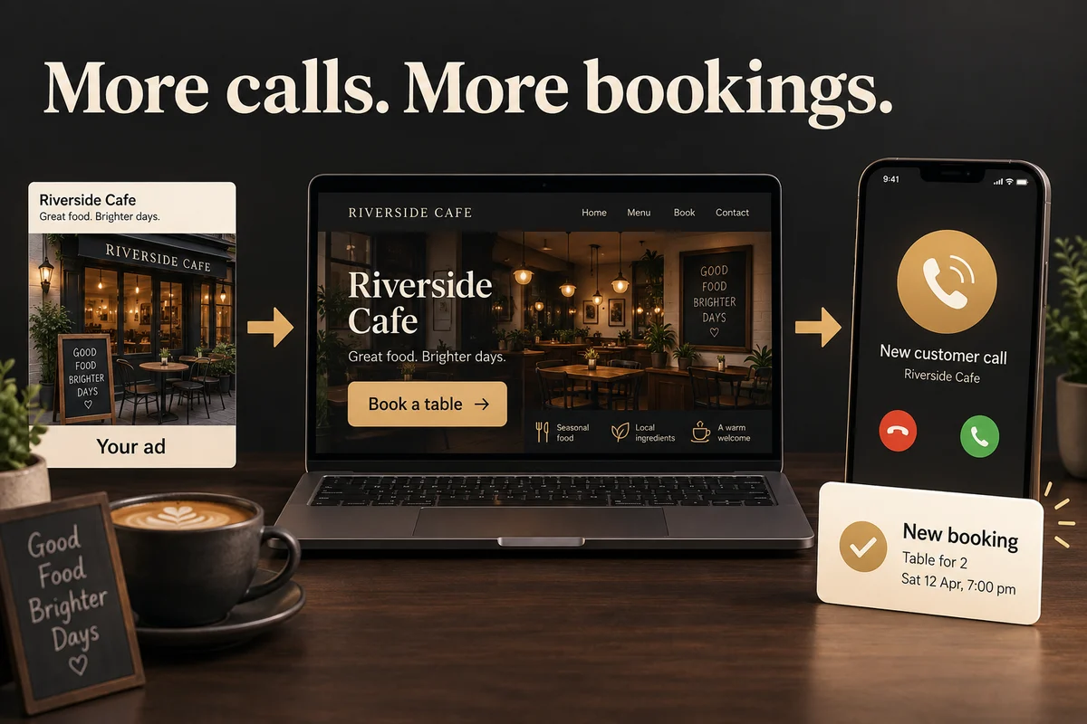 An ad leads to a cafe website, a customer call and a new booking