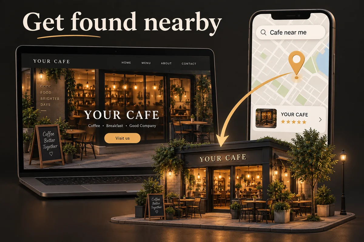 A cafe website and a nearby map listing help customers find the business
