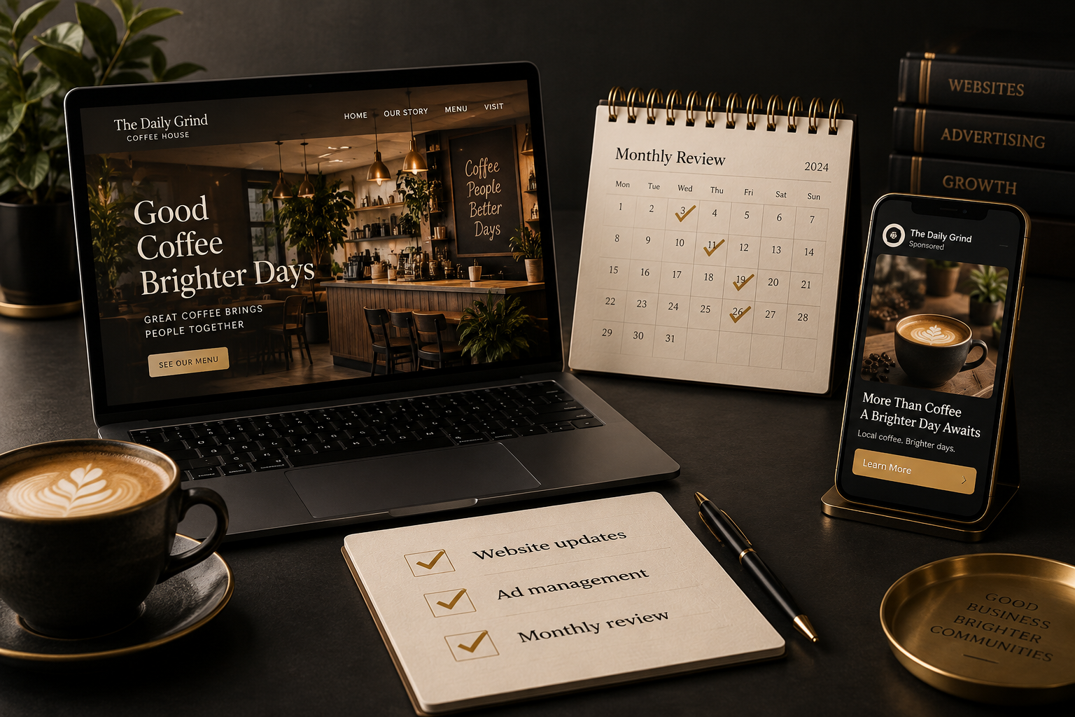 Illustration of monthly support: a business website, an advertising preview and a calendar of website updates and reviews