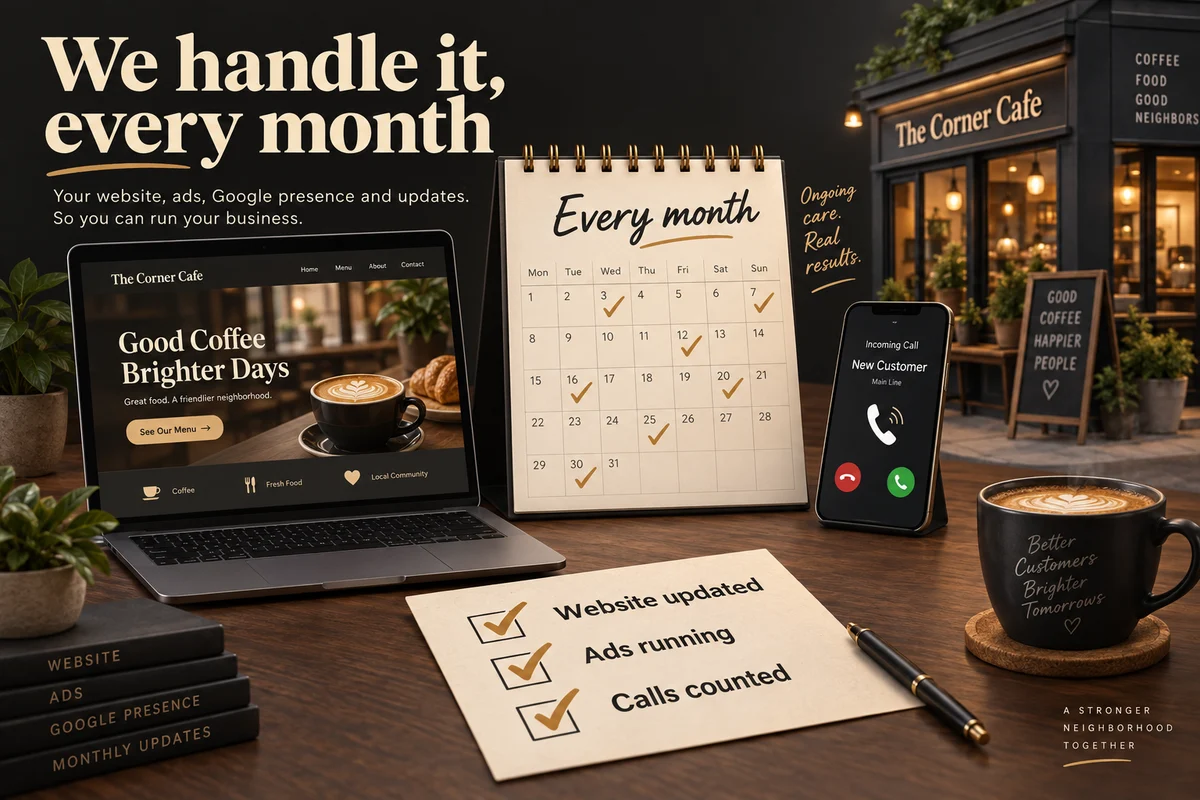 A monthly calendar and checklist show website updates, running ads and counted calls